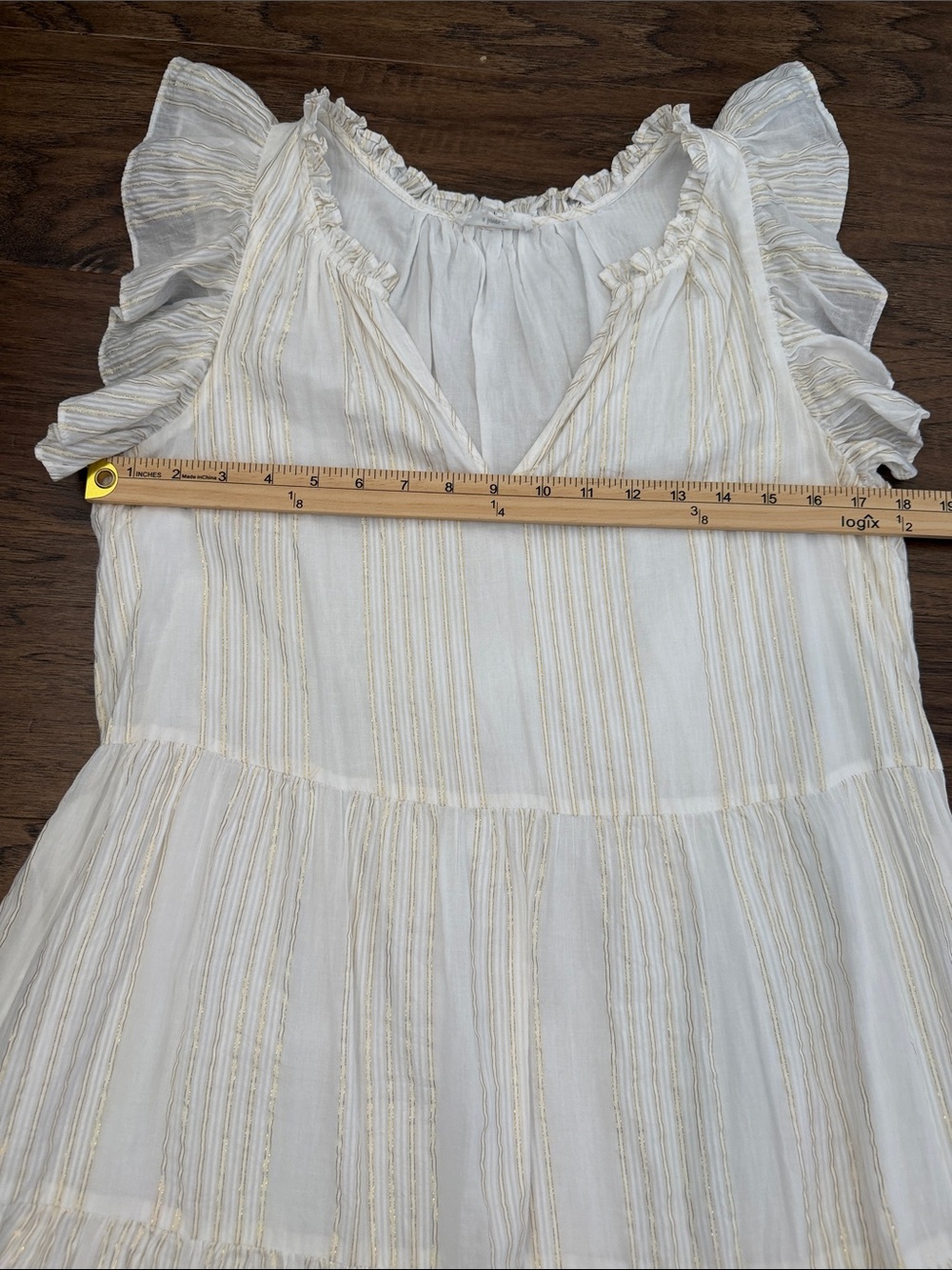 a loves a RomanticGauzy Boho L Metallic Gold Striped Tiered Mini Dress - Picture 7 of 10